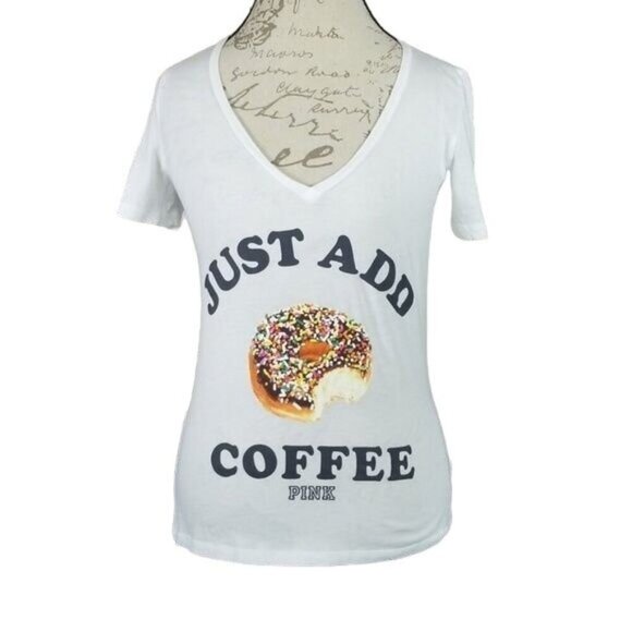 PINK Victoria's Secret Just Add Coffee White V-Neck T-shirt - Picture 1 of 5
